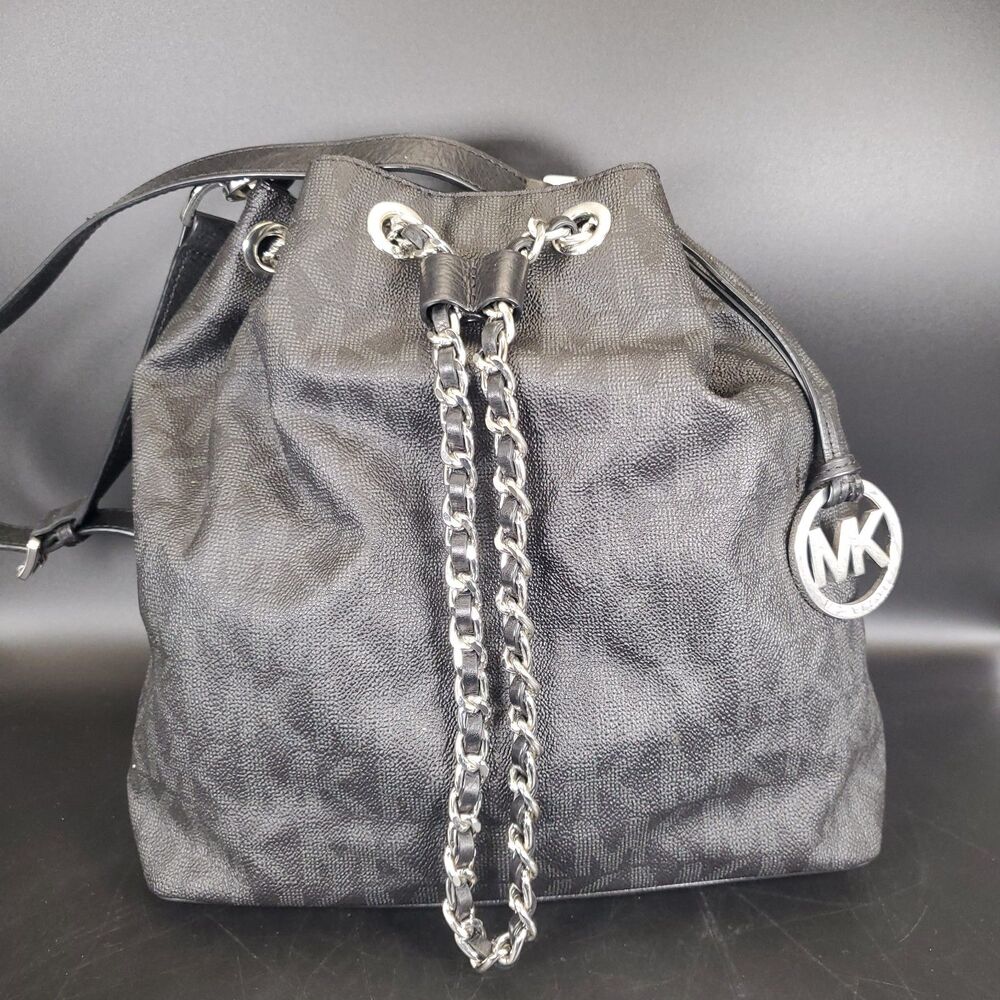 Michael Kors Frankie Black MK Monogram Bucket Bag Chain Drawstring Tote